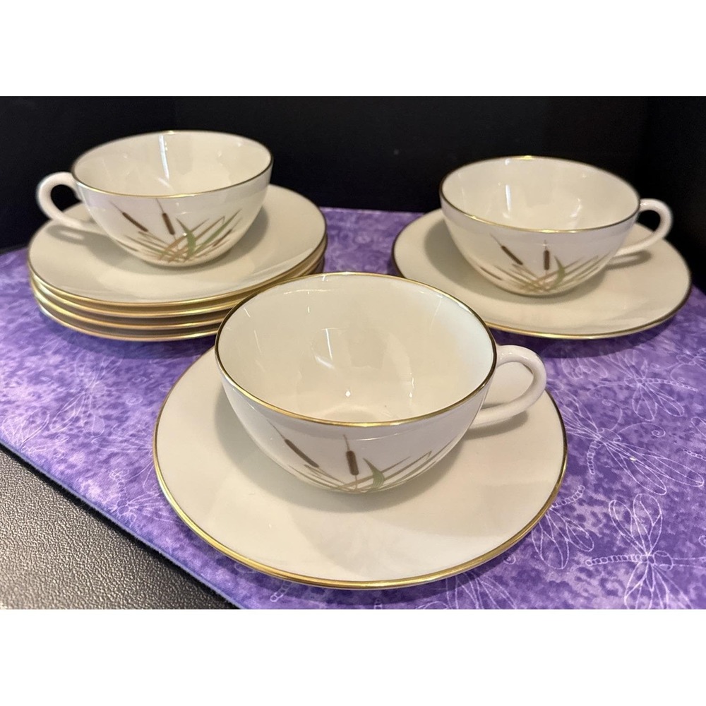 Lenox Cattail W-341 3 Tea Cup Teacups 6 Saucers Plates Plate USA Vintage